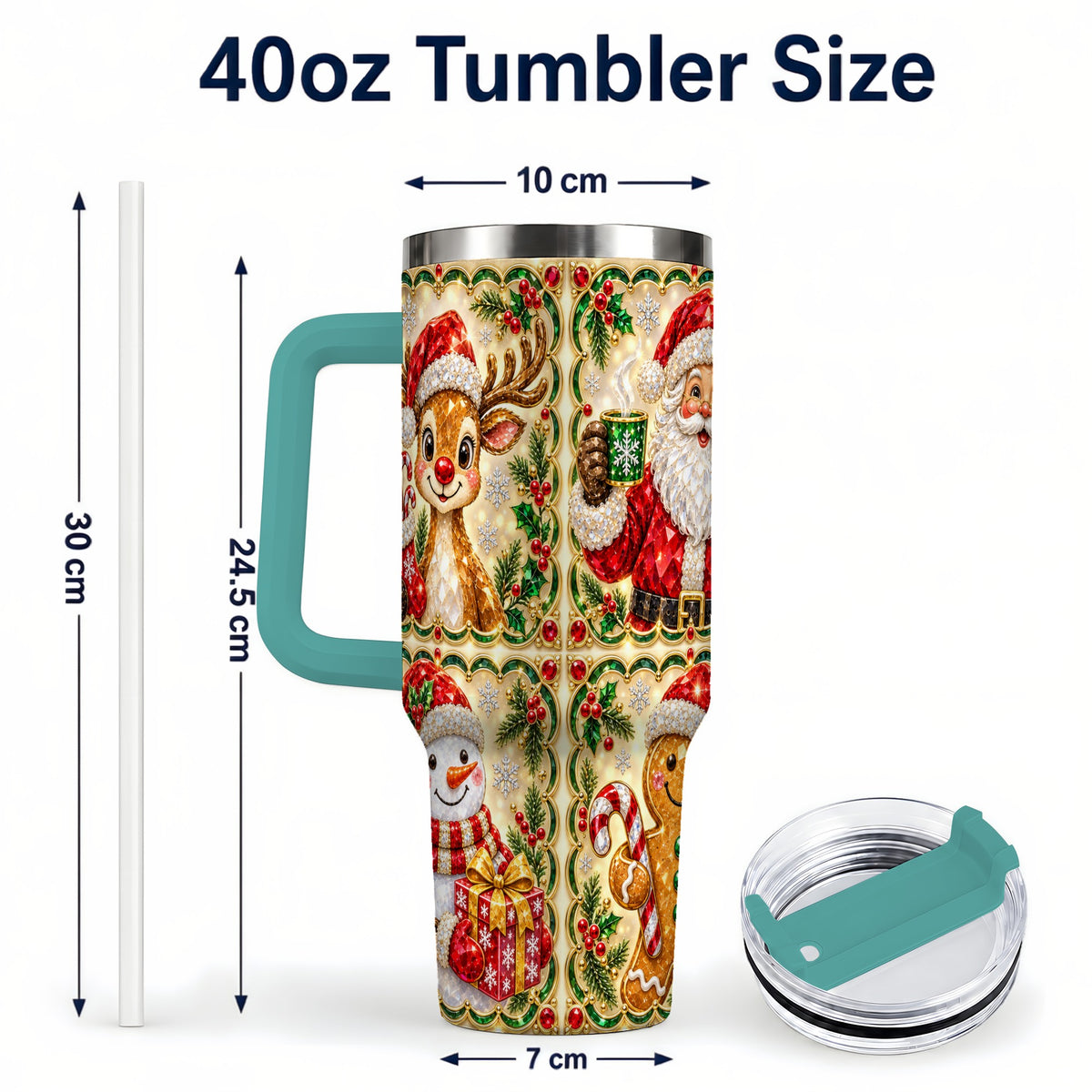 #pl[40oz|Green] Jeweled Holiday Friends 40oz Tumbler with Handle, Christmas Travel Cup