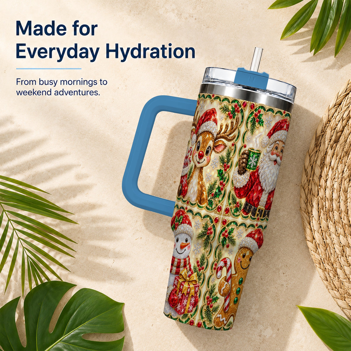 #pl[40oz|Blue] Jeweled Holiday Friends 40oz Tumbler with Handle, Christmas Travel Cup