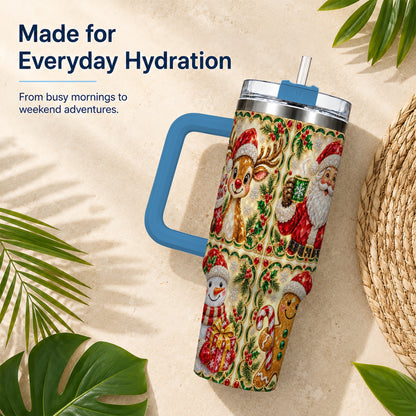 #pl[40oz|Blue] Jeweled Holiday Friends 40oz Tumbler with Handle, Christmas Travel Cup