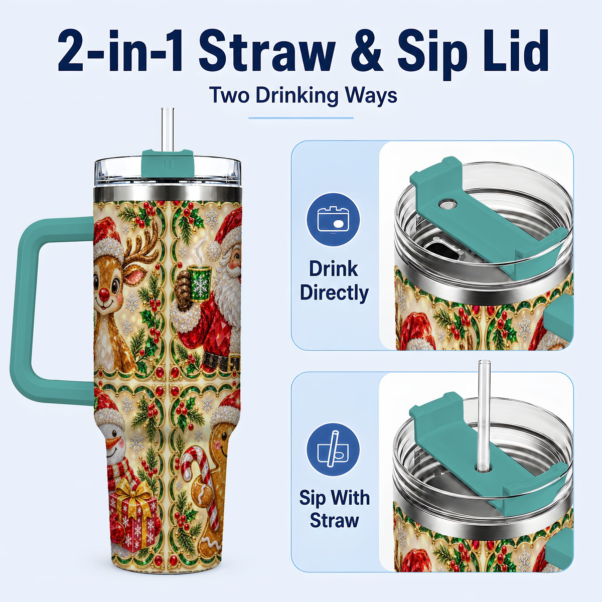 #pl[40oz|Green] Jeweled Holiday Friends 40oz Tumbler with Handle, Christmas Travel Cup