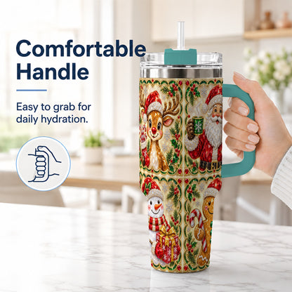 #pl[40oz|Green] Jeweled Holiday Friends 40oz Tumbler with Handle, Christmas Travel Cup