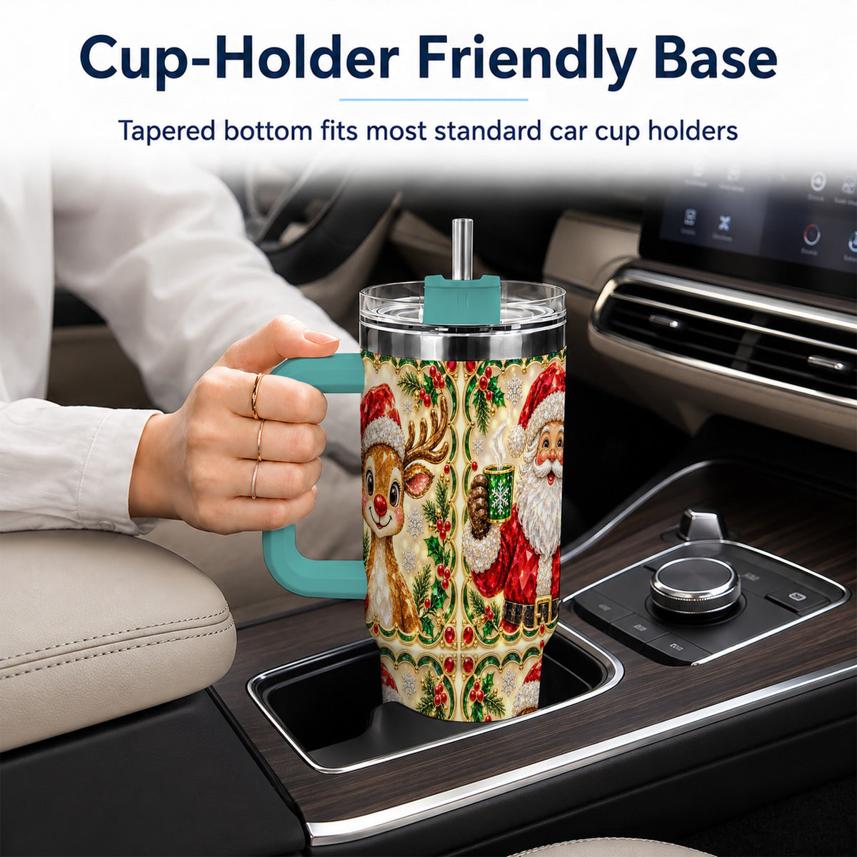 #pl[40oz|Green] Jeweled Holiday Friends 40oz Tumbler with Handle, Christmas Travel Cup