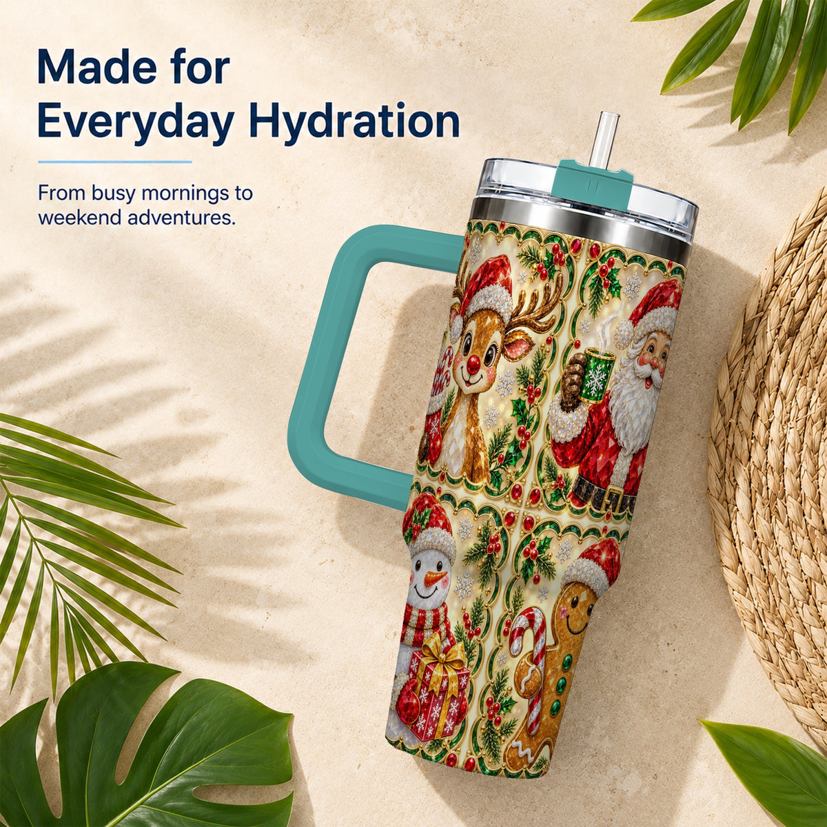 #pl[40oz|Green] Jeweled Holiday Friends 40oz Tumbler with Handle, Christmas Travel Cup