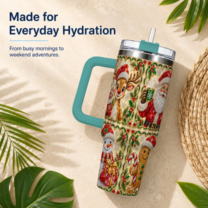 #pl[40oz|Green] Jeweled Holiday Friends 40oz Tumbler with Handle, Christmas Travel Cup