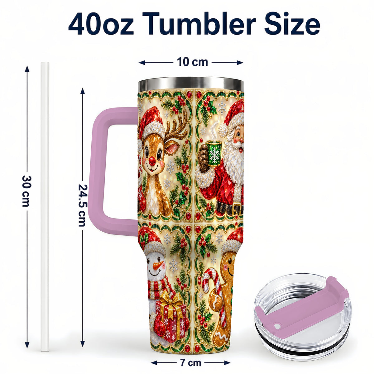 #pl[40oz|Pink] Jeweled Holiday Friends 40oz Tumbler with Handle, Christmas Travel Cup