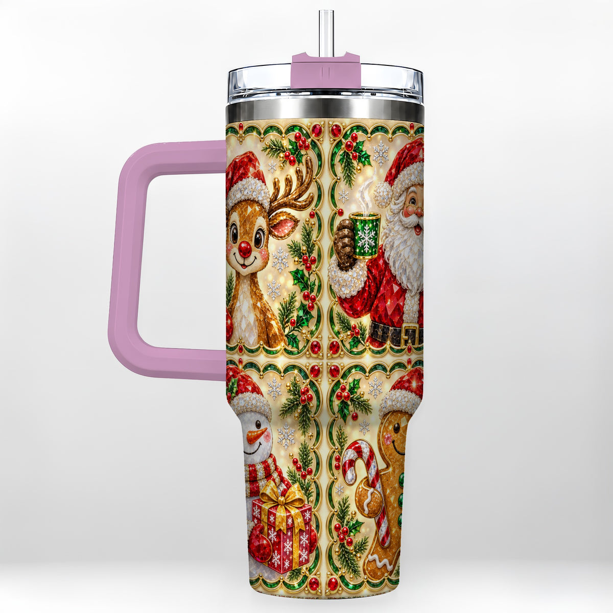#pl[40oz|Pink] Jeweled Holiday Friends 40oz Tumbler with Handle, Christmas Travel Cup
