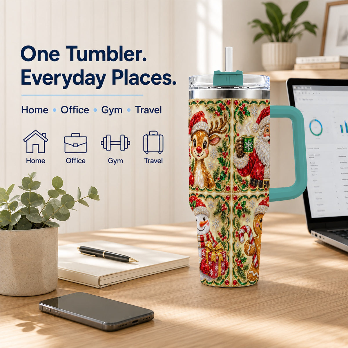 #pl[40oz|Green] Jeweled Holiday Friends 40oz Tumbler with Handle, Christmas Travel Cup