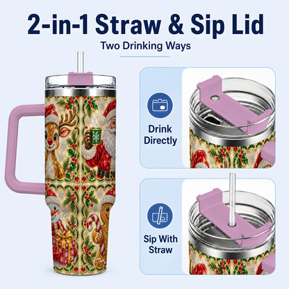 #pl[40oz|Pink] Jeweled Holiday Friends 40oz Tumbler with Handle, Christmas Travel Cup