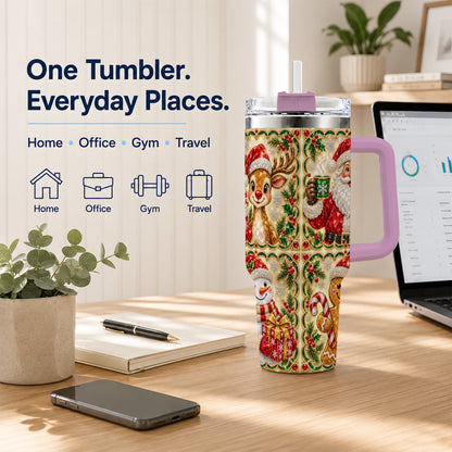 #pl[40oz|Pink] Jeweled Holiday Friends 40oz Tumbler with Handle, Christmas Travel Cup