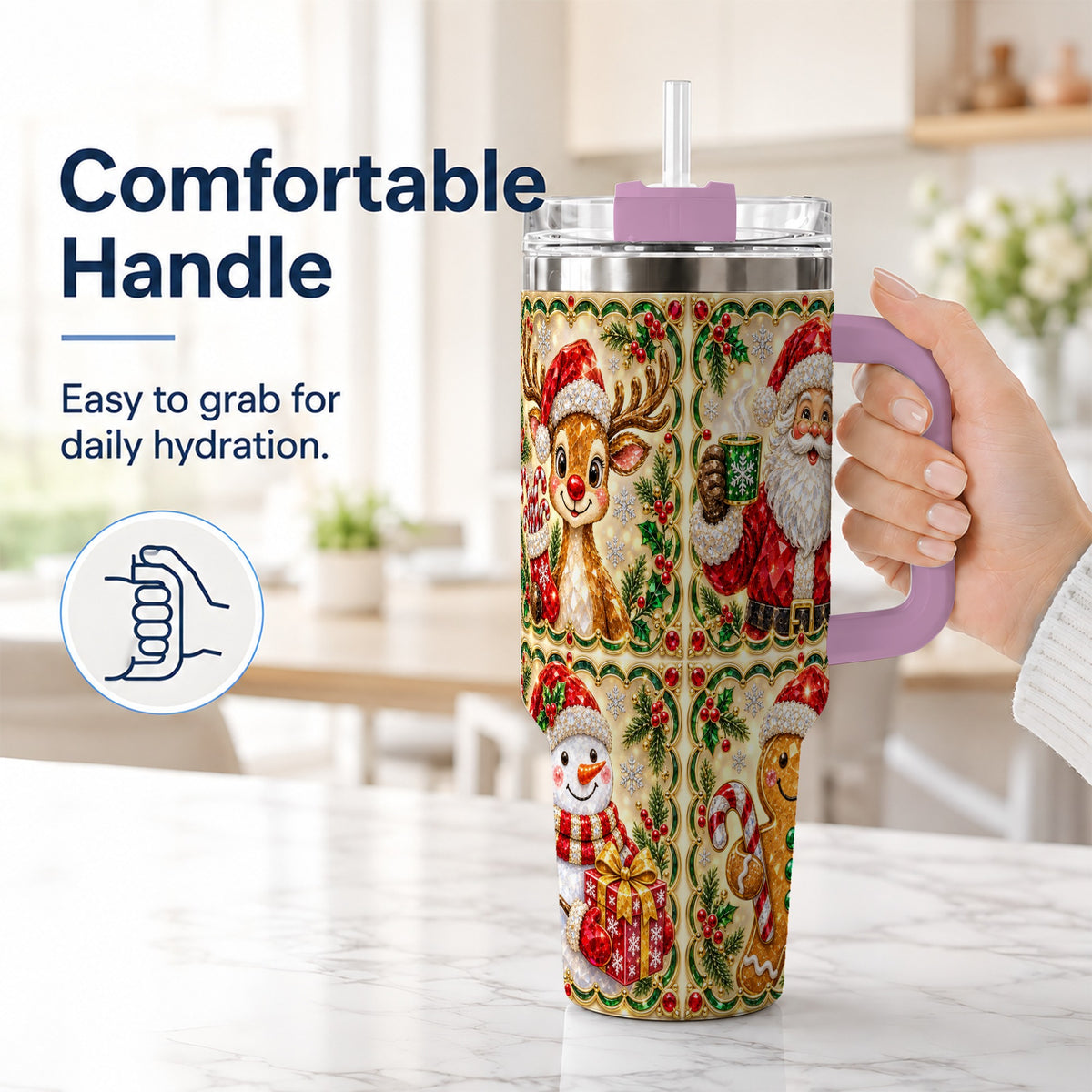 #pl[40oz|Pink] Jeweled Holiday Friends 40oz Tumbler with Handle, Christmas Travel Cup