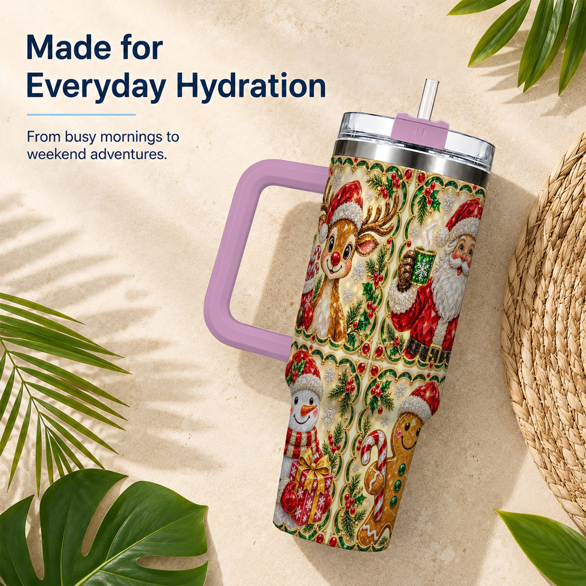 #pl[40oz|Pink] Jeweled Holiday Friends 40oz Tumbler with Handle, Christmas Travel Cup