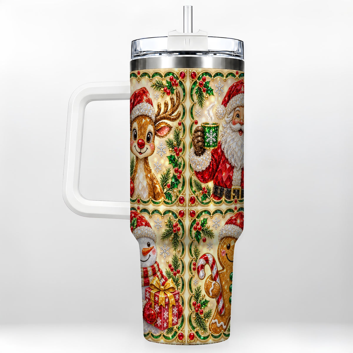 Jeweled Holiday Friends 40oz Tumbler with Handle, Christmas Travel Cup