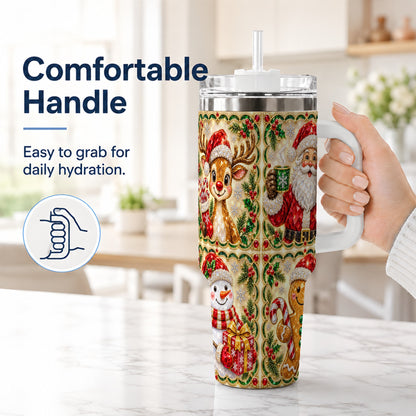 #pl[40oz|White] Jeweled Holiday Friends 40oz Tumbler with Handle, Christmas Travel Cup