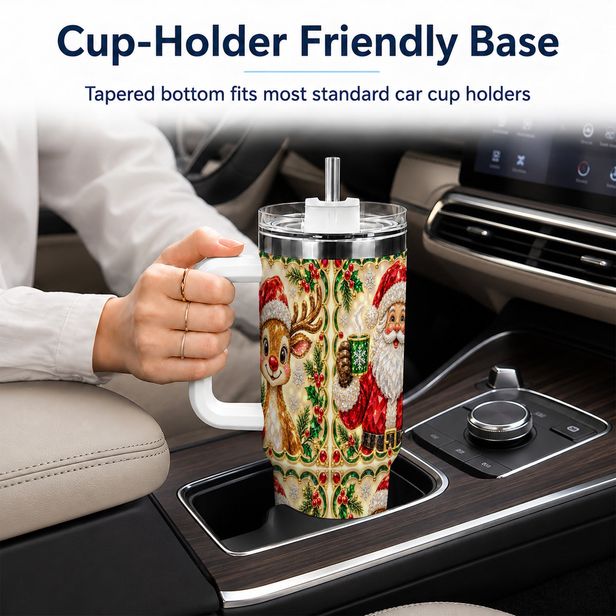 #pl[40oz|White] Jeweled Holiday Friends 40oz Tumbler with Handle, Christmas Travel Cup