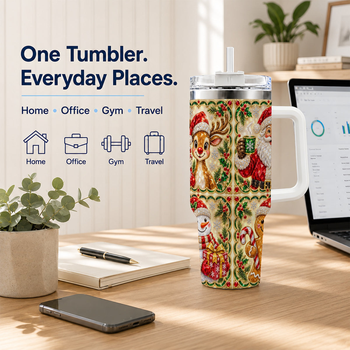 #pl[40oz|White] Jeweled Holiday Friends 40oz Tumbler with Handle, Christmas Travel Cup