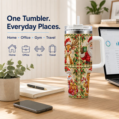 #pl[40oz|White] Jeweled Holiday Friends 40oz Tumbler with Handle, Christmas Travel Cup