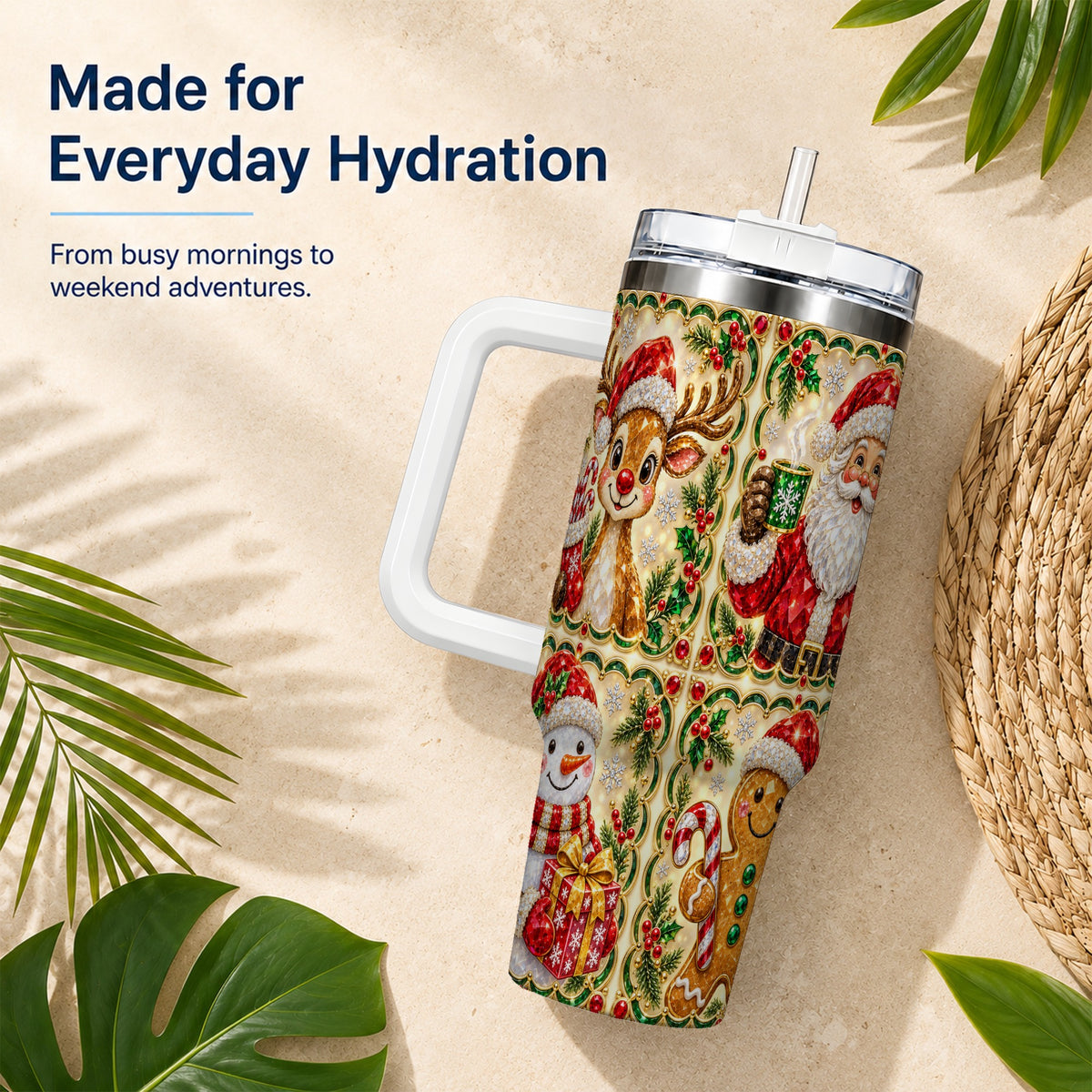 #pl[40oz|White] Jeweled Holiday Friends 40oz Tumbler with Handle, Christmas Travel Cup