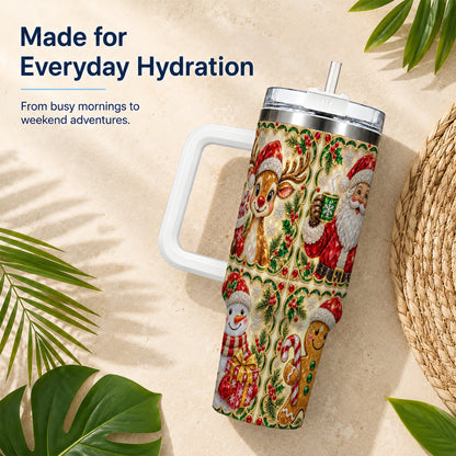 #pl[40oz|White] Jeweled Holiday Friends 40oz Tumbler with Handle, Christmas Travel Cup