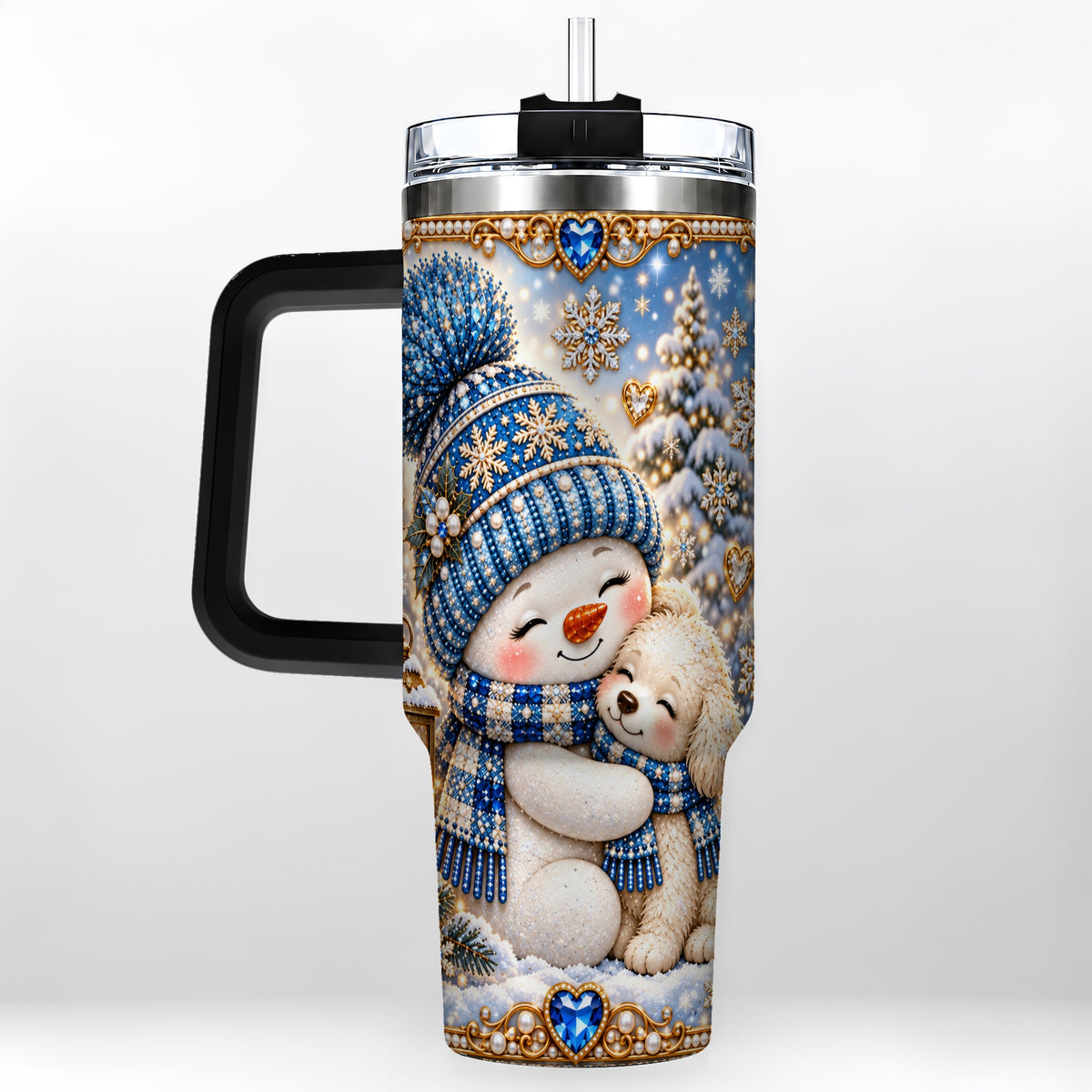 #pl[40oz|Black] Snowman Dog 40oz Tumbler with Handle, Winter Stainless Steel Travel Cup