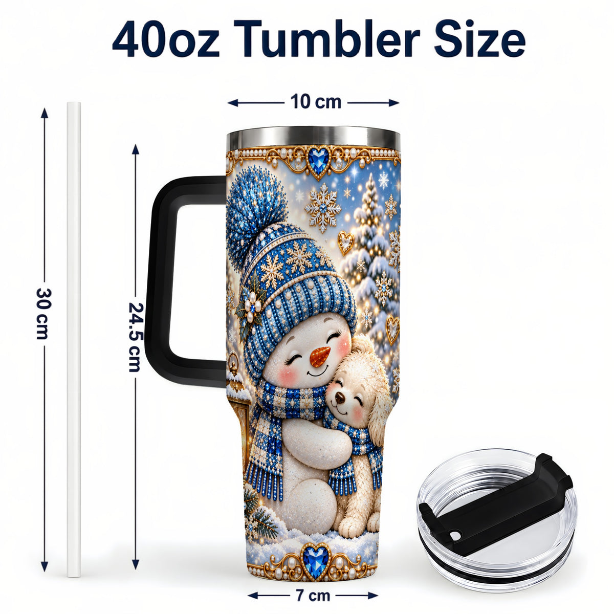 #pl[40oz|Black] Snowman Dog 40oz Tumbler with Handle, Winter Stainless Steel Travel Cup