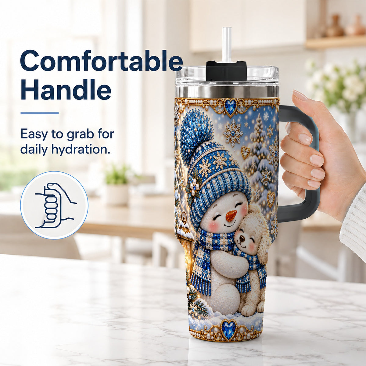 #pl[40oz|Black] Snowman Dog 40oz Tumbler with Handle, Winter Stainless Steel Travel Cup
