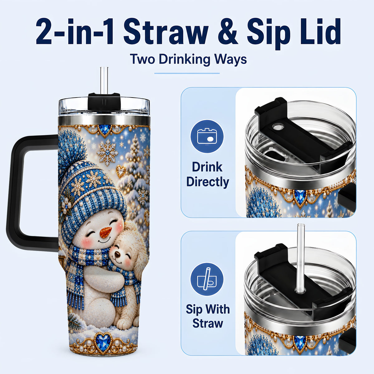 #pl[40oz|Black] Snowman Dog 40oz Tumbler with Handle, Winter Stainless Steel Travel Cup