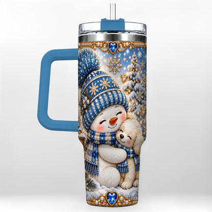 #pl[40oz|Blue] Snowman Dog 40oz Tumbler with Handle, Winter Stainless Steel Travel Cup