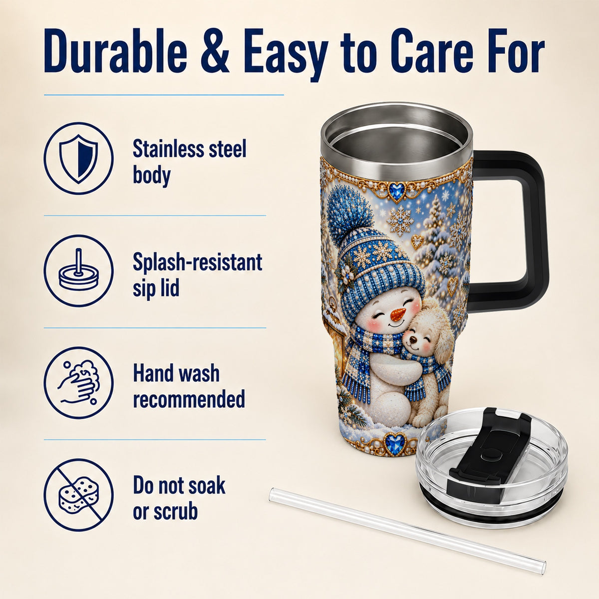 #pl[40oz|Black] Snowman Dog 40oz Tumbler with Handle, Winter Stainless Steel Travel Cup