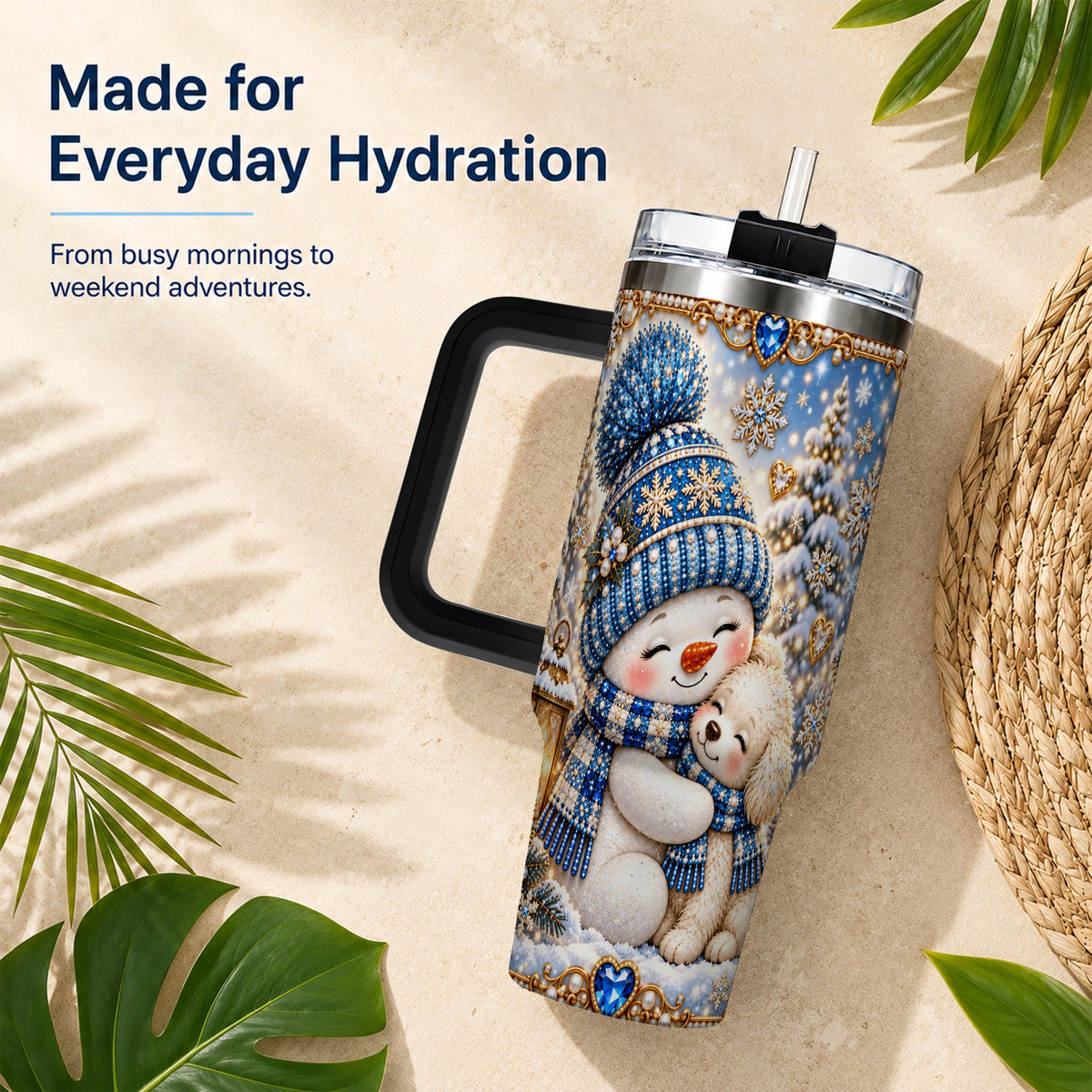 #pl[40oz|Black] Snowman Dog 40oz Tumbler with Handle, Winter Stainless Steel Travel Cup