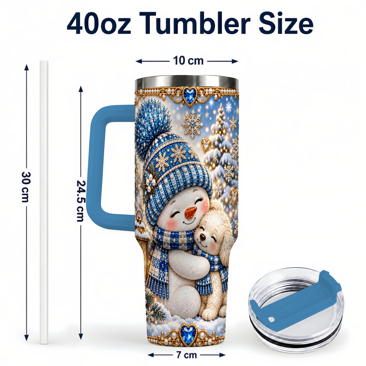 #pl[40oz|Blue] Snowman Dog 40oz Tumbler with Handle, Winter Stainless Steel Travel Cup