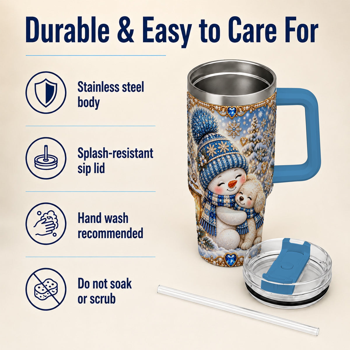 #pl[40oz|Blue] Snowman Dog 40oz Tumbler with Handle, Winter Stainless Steel Travel Cup