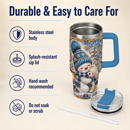 #pl[40oz|Blue] Snowman Dog 40oz Tumbler with Handle, Winter Stainless Steel Travel Cup