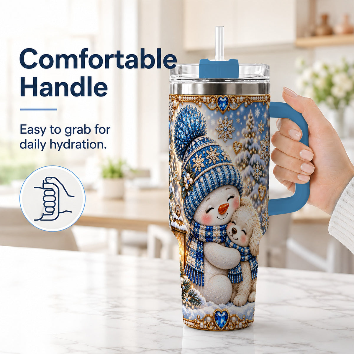 #pl[40oz|Blue] Snowman Dog 40oz Tumbler with Handle, Winter Stainless Steel Travel Cup