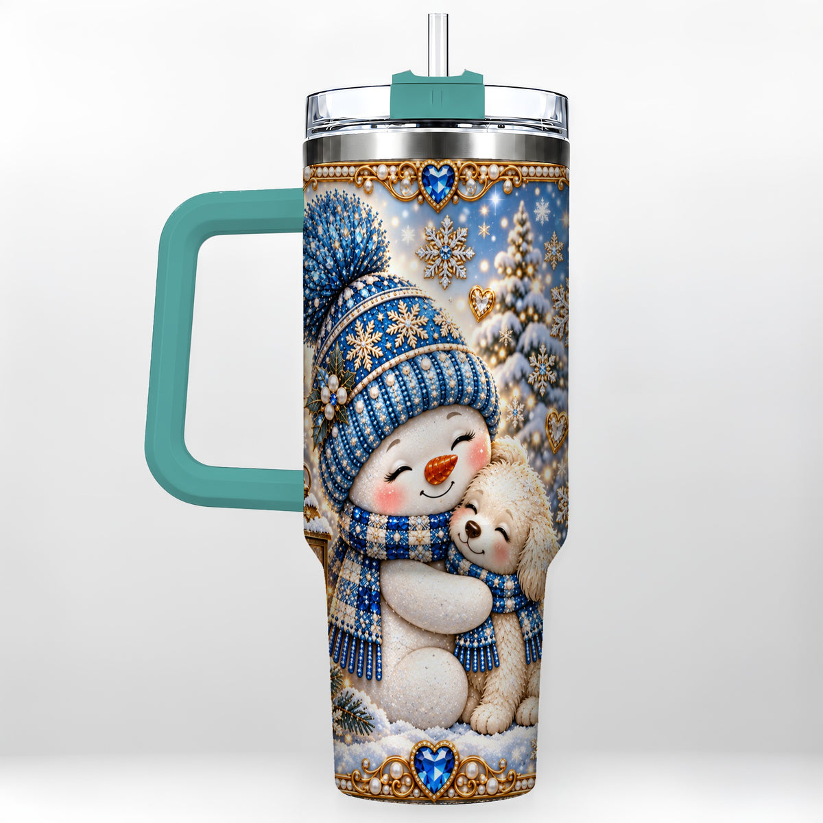 #pl[40oz|Green] Snowman Dog 40oz Tumbler with Handle, Winter Stainless Steel Travel Cup