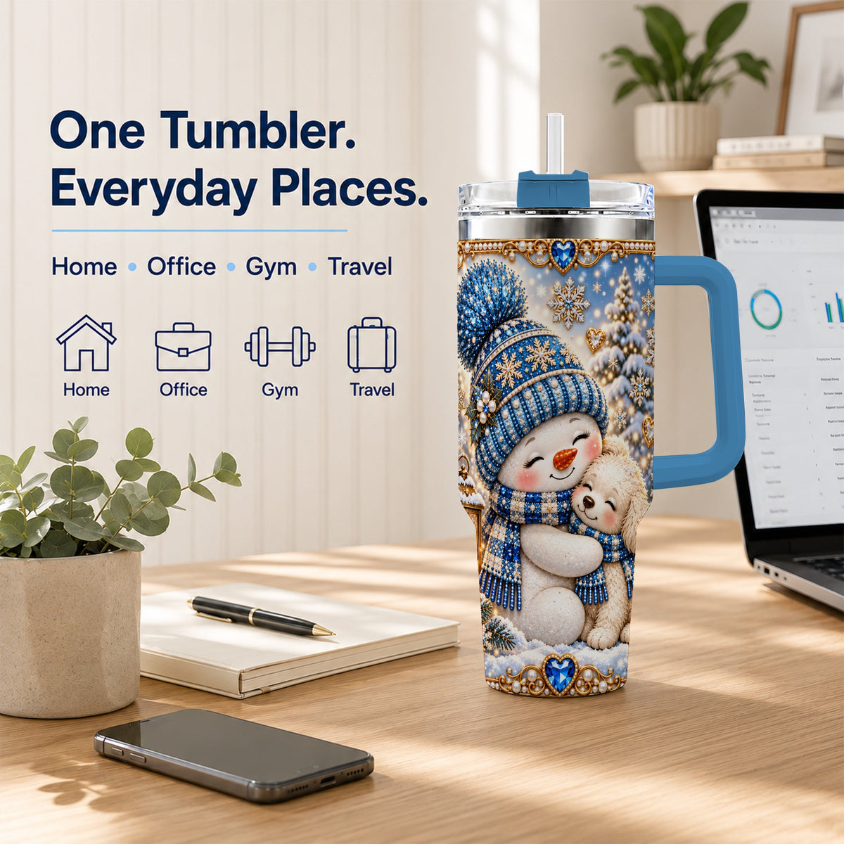 #pl[40oz|Blue] Snowman Dog 40oz Tumbler with Handle, Winter Stainless Steel Travel Cup