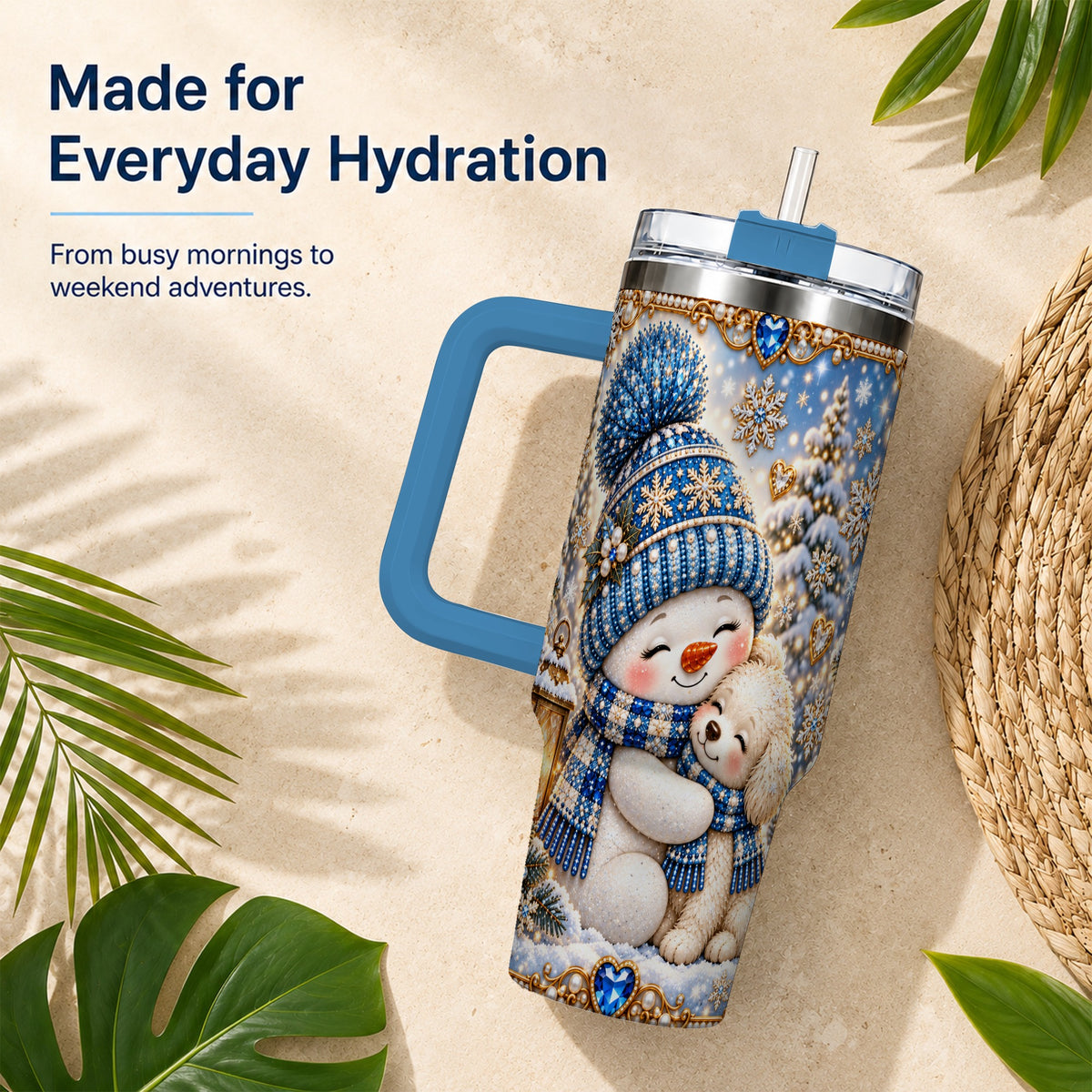 #pl[40oz|Blue] Snowman Dog 40oz Tumbler with Handle, Winter Stainless Steel Travel Cup
