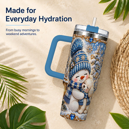 #pl[40oz|Blue] Snowman Dog 40oz Tumbler with Handle, Winter Stainless Steel Travel Cup