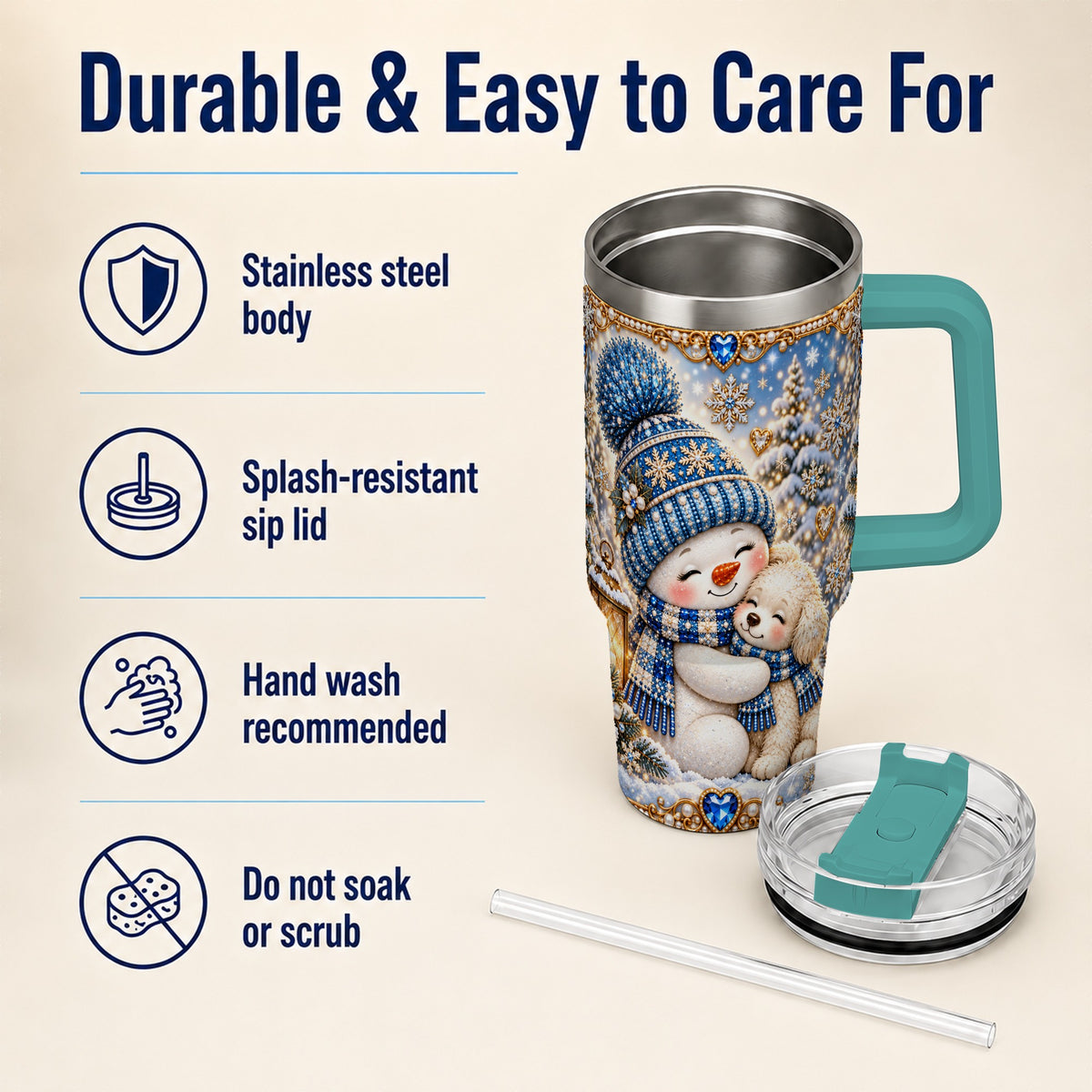 #pl[40oz|Green] Snowman Dog 40oz Tumbler with Handle, Winter Stainless Steel Travel Cup