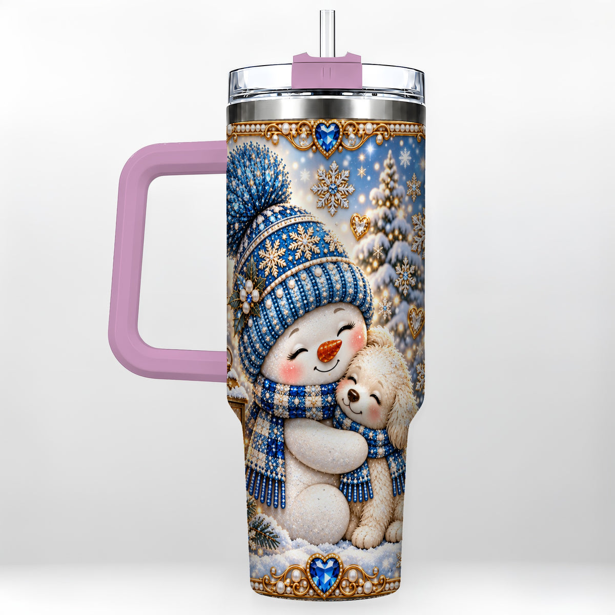 #pl[40oz|Pink] Snowman Dog 40oz Tumbler with Handle, Winter Stainless Steel Travel Cup