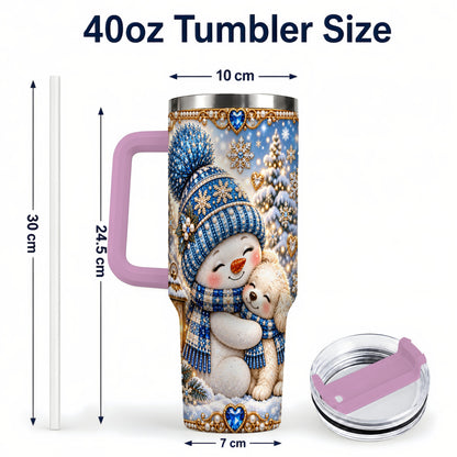 #pl[40oz|Pink] Snowman Dog 40oz Tumbler with Handle, Winter Stainless Steel Travel Cup