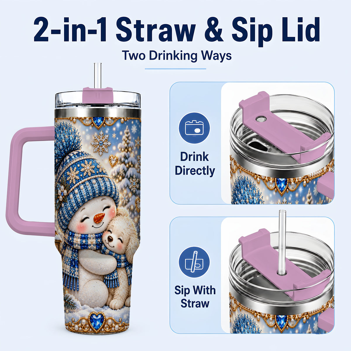 #pl[40oz|Pink] Snowman Dog 40oz Tumbler with Handle, Winter Stainless Steel Travel Cup