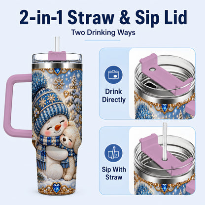 #pl[40oz|Pink] Snowman Dog 40oz Tumbler with Handle, Winter Stainless Steel Travel Cup
