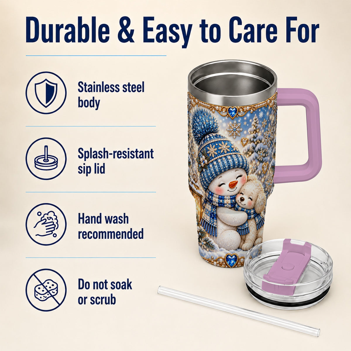 #pl[40oz|Pink] Snowman Dog 40oz Tumbler with Handle, Winter Stainless Steel Travel Cup