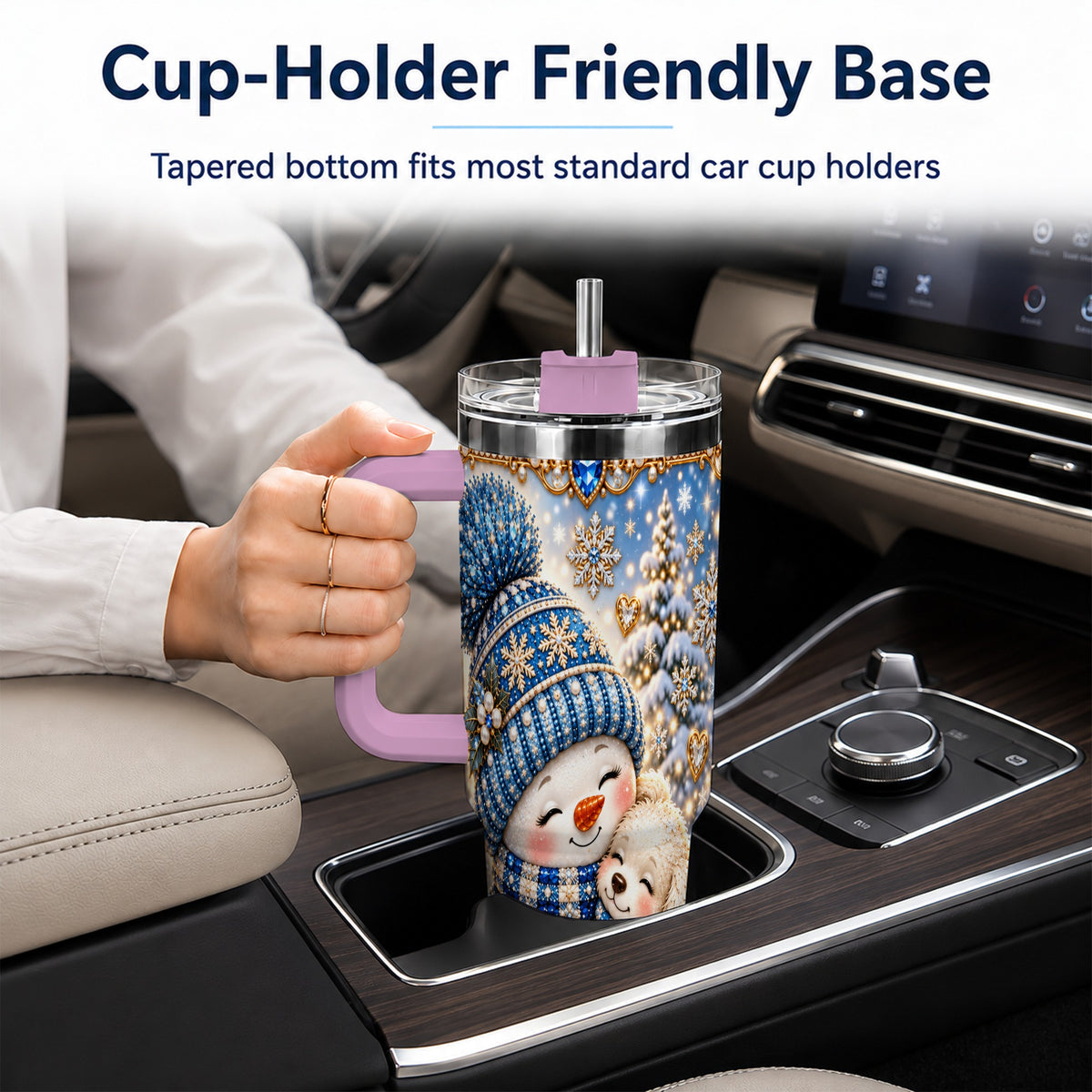 #pl[40oz|Pink] Snowman Dog 40oz Tumbler with Handle, Winter Stainless Steel Travel Cup