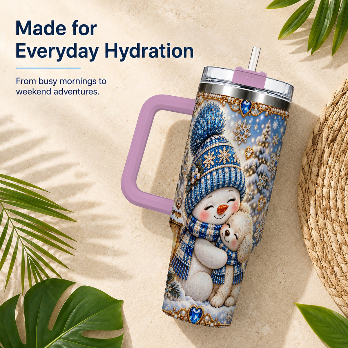 #pl[40oz|Pink] Snowman Dog 40oz Tumbler with Handle, Winter Stainless Steel Travel Cup