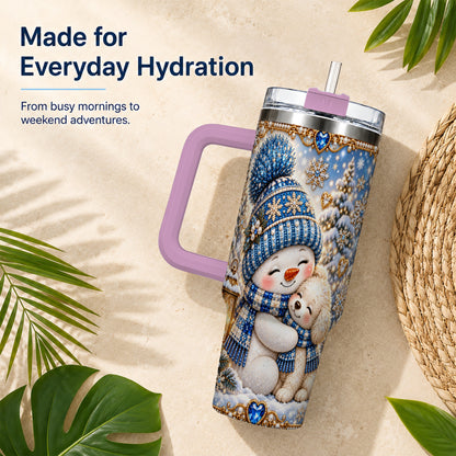 #pl[40oz|Pink] Snowman Dog 40oz Tumbler with Handle, Winter Stainless Steel Travel Cup