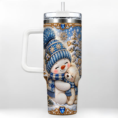 Snowman Dog 40oz Tumbler with Handle, Winter Stainless Steel Travel Cup