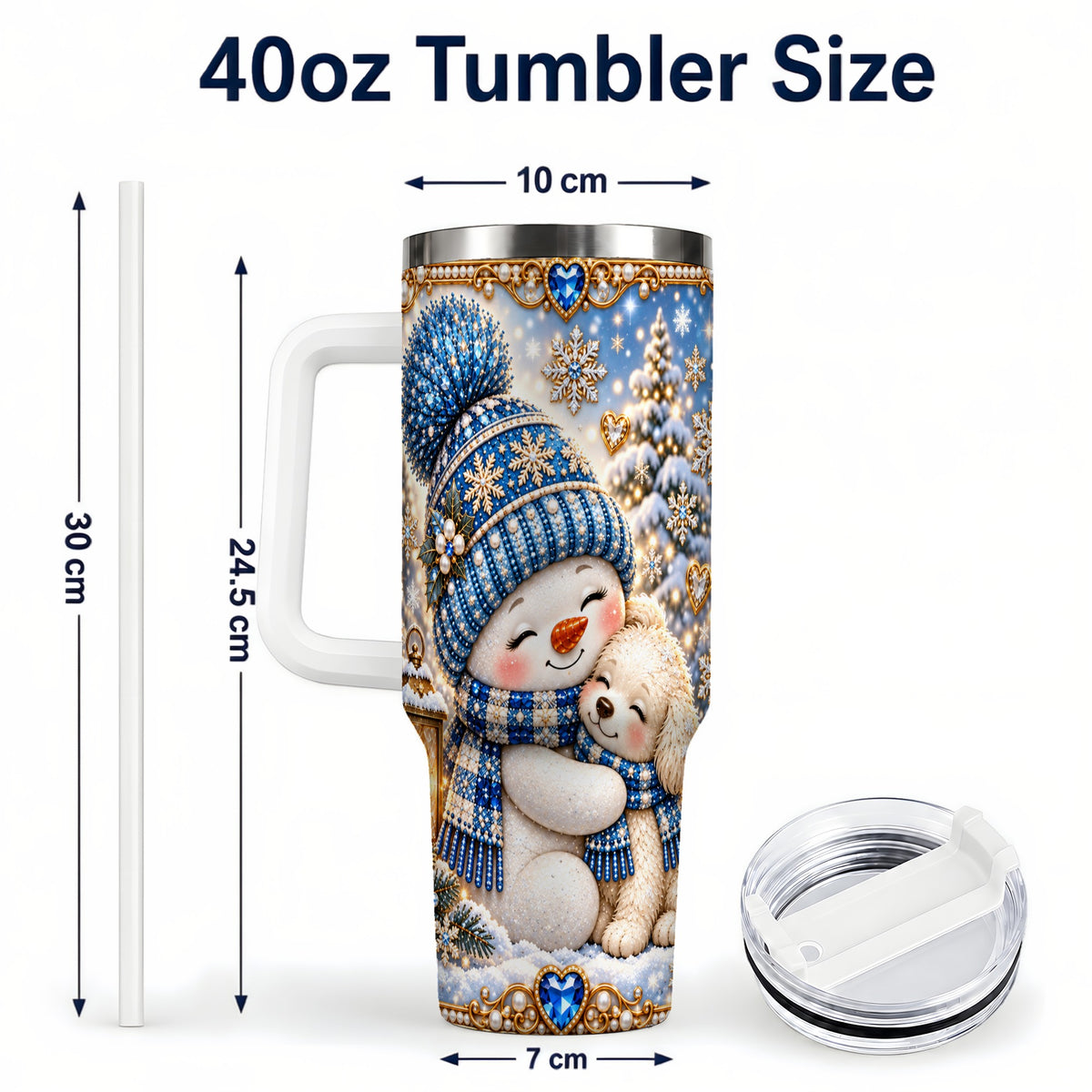 #pl[40oz|White] Snowman Dog 40oz Tumbler with Handle, Winter Stainless Steel Travel Cup