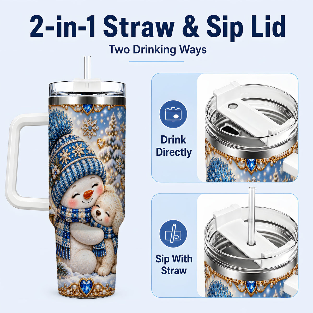 #pl[40oz|White] Snowman Dog 40oz Tumbler with Handle, Winter Stainless Steel Travel Cup