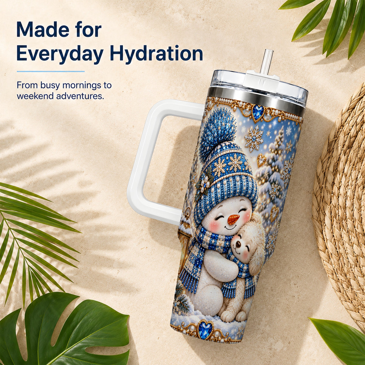 #pl[40oz|White] Snowman Dog 40oz Tumbler with Handle, Winter Stainless Steel Travel Cup